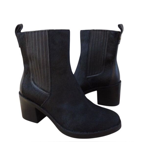 UGG BLACK CAMDEN EXOTIC COW HAIR HIGH HEEL ANKLE BOOTS, WOMEN US 10 - Picture 1 of 7